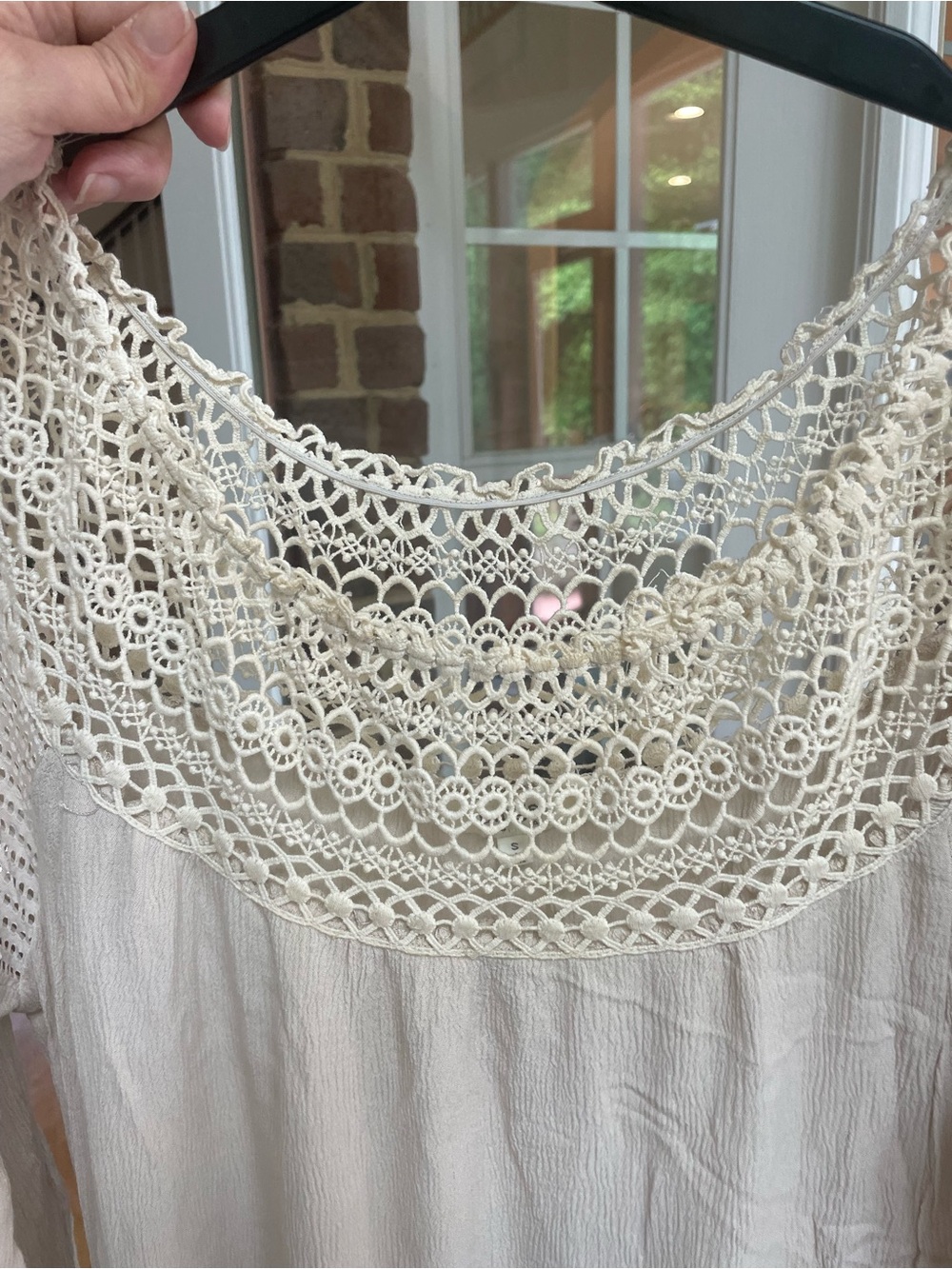 Umgee Boho Crochet Lace Neck Tunic Top Cream Crinkle Gauze Flowy Blouse S - Picture 4 of 7